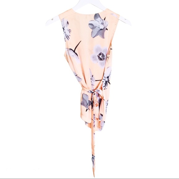 SUZY SHIER Floral Wrap Sleeveless Blouse With Tie Waist Detail Peach Orange XS - Picture 10 of 11